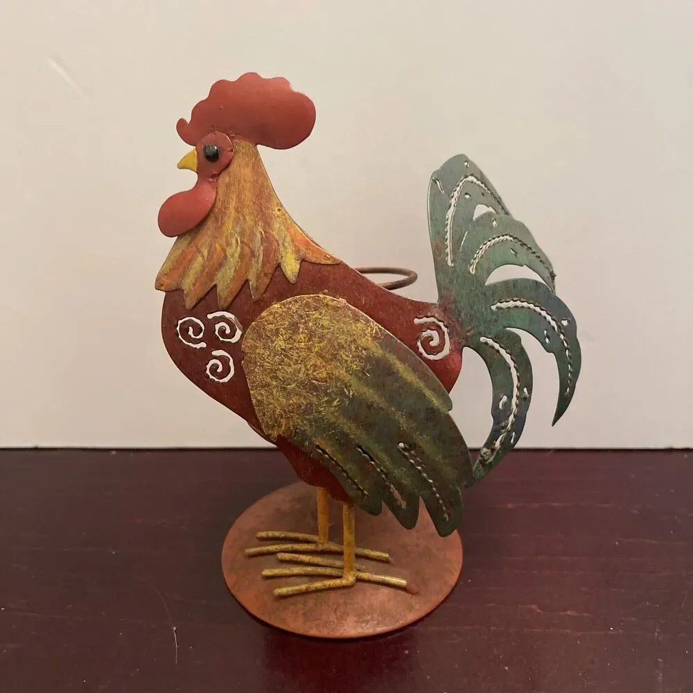 ~Rooster~Metal Candle Holder Stand Country Item About 6 1/2” Tall